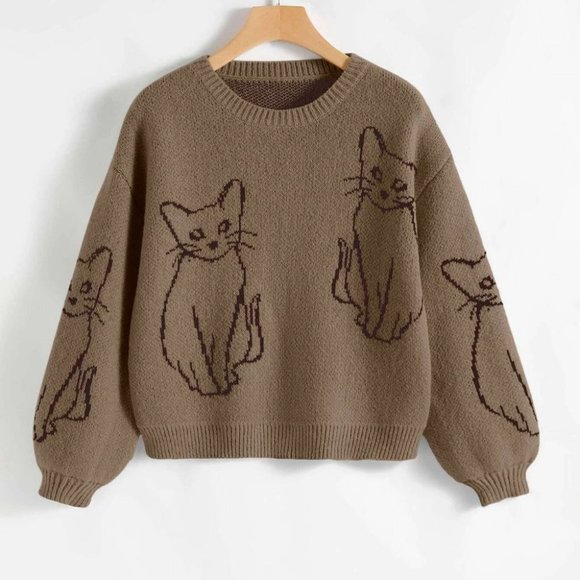 MODA ME COUTURE Sweaters - Kitty Print Sweater Brown